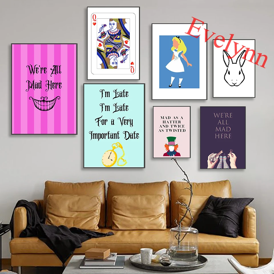 Alice Mad Hatter Чеширский кот королева сердца Холщовый плакат Современная гостиная