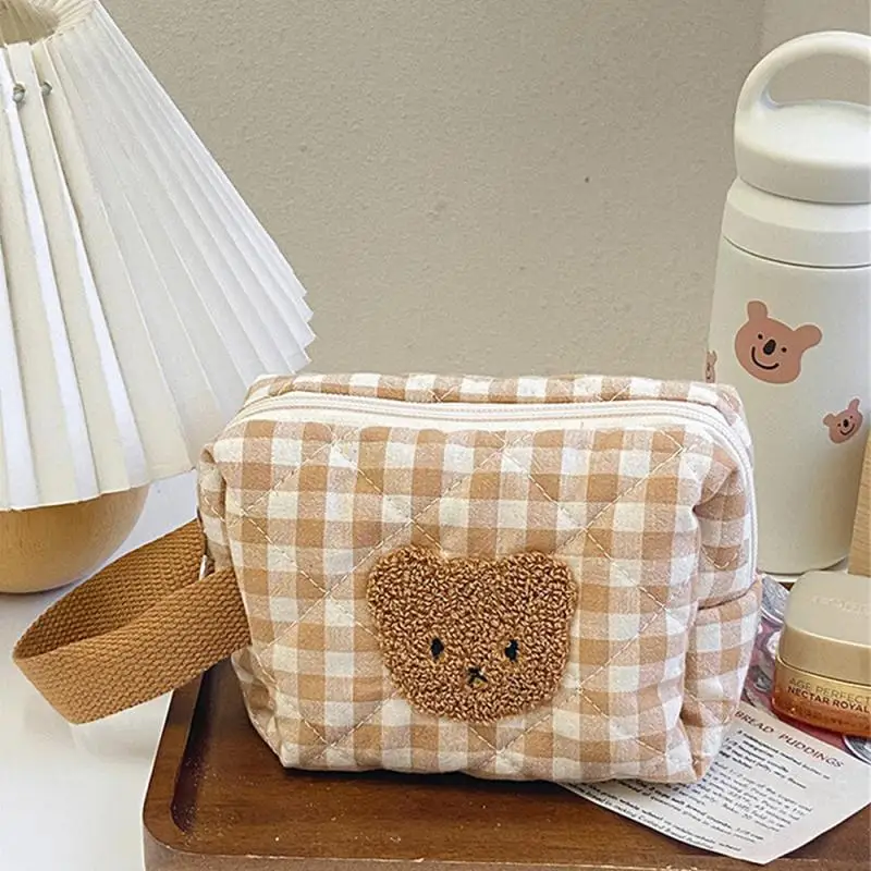 

Checkerboard Lattice Case Bags Women Large Capacity Makeup Bag Household Cosmetic Box Organization Storage Cute Bear Pen Bag