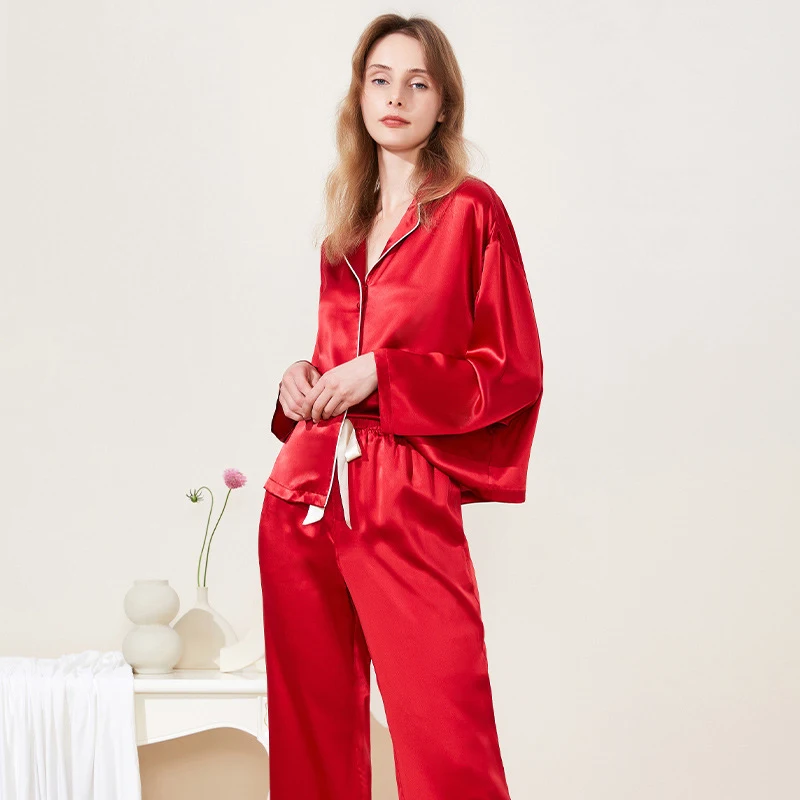2023 NEW Summer 19mm 100%Silk Pajamas Set Women Silk Homewear Cardigan Sleepwear Red Blue High Quality Clothing