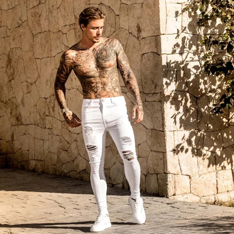 

Fashion Casual White Ripped Jeans For Men Jeans Pants Slim Skinny Stretch Denim Pants Man Elastic Waist Jogging Denim Trousers