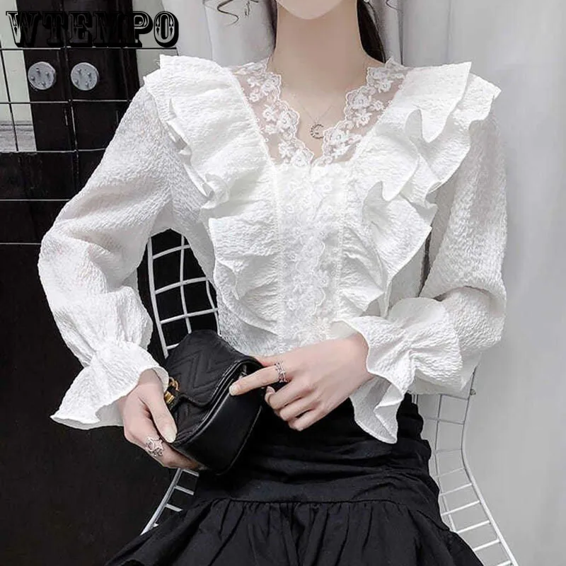 

Lace Chiffon Shirt Ruffled Flared Sleeve V-Neck Lace Top Long Sleeve V Neck Chiffon Blouse Women's Casual Top Women Tops