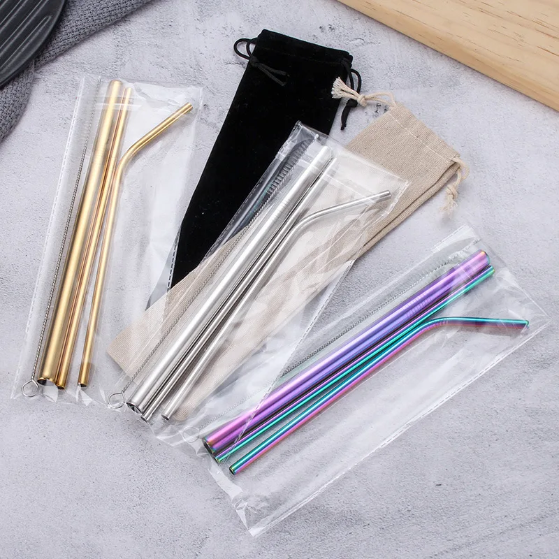 

Reusable Drinking Metal Straw 304 Stainless Steel Straight Bent Straws Set With Bag Cleaning Brush Bar Cocktail Straw Drinkware