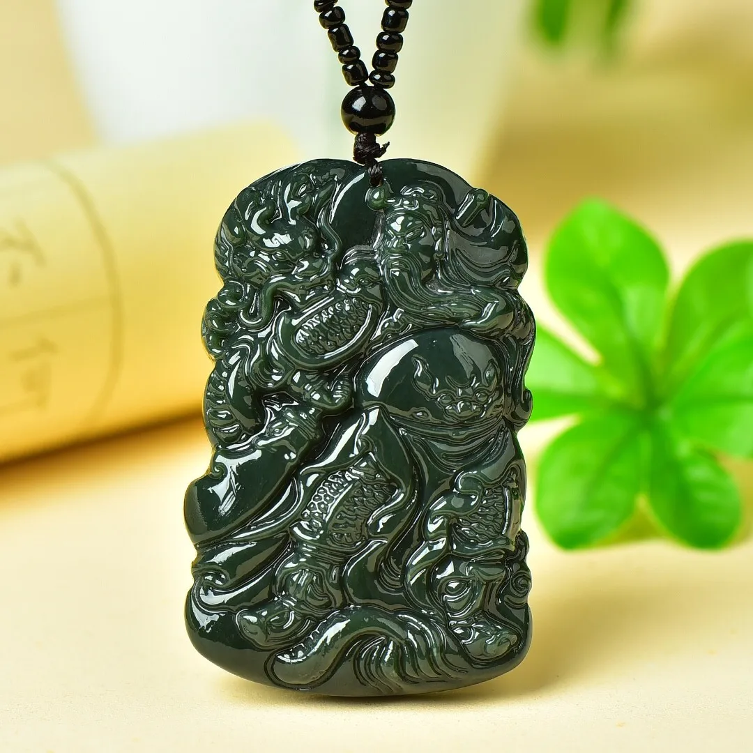 

Send Certificate Natural Green Jade Dragon Guan Yu Pendant Necklace Men Women Fengshui Charms Real Chinese Nephrite Lucky Amulet