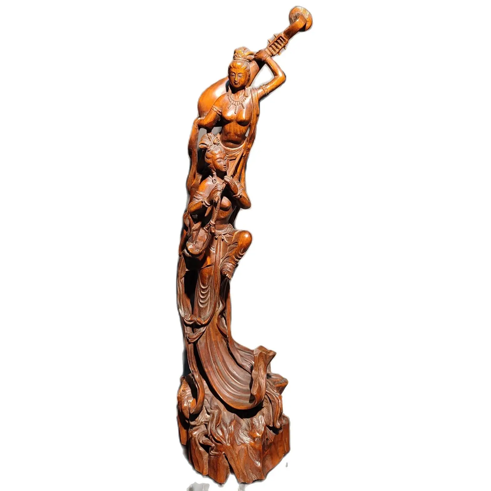 

12" vintage wooden ornaments wood carving figure indian statue woman Music dance statuette femme decoration