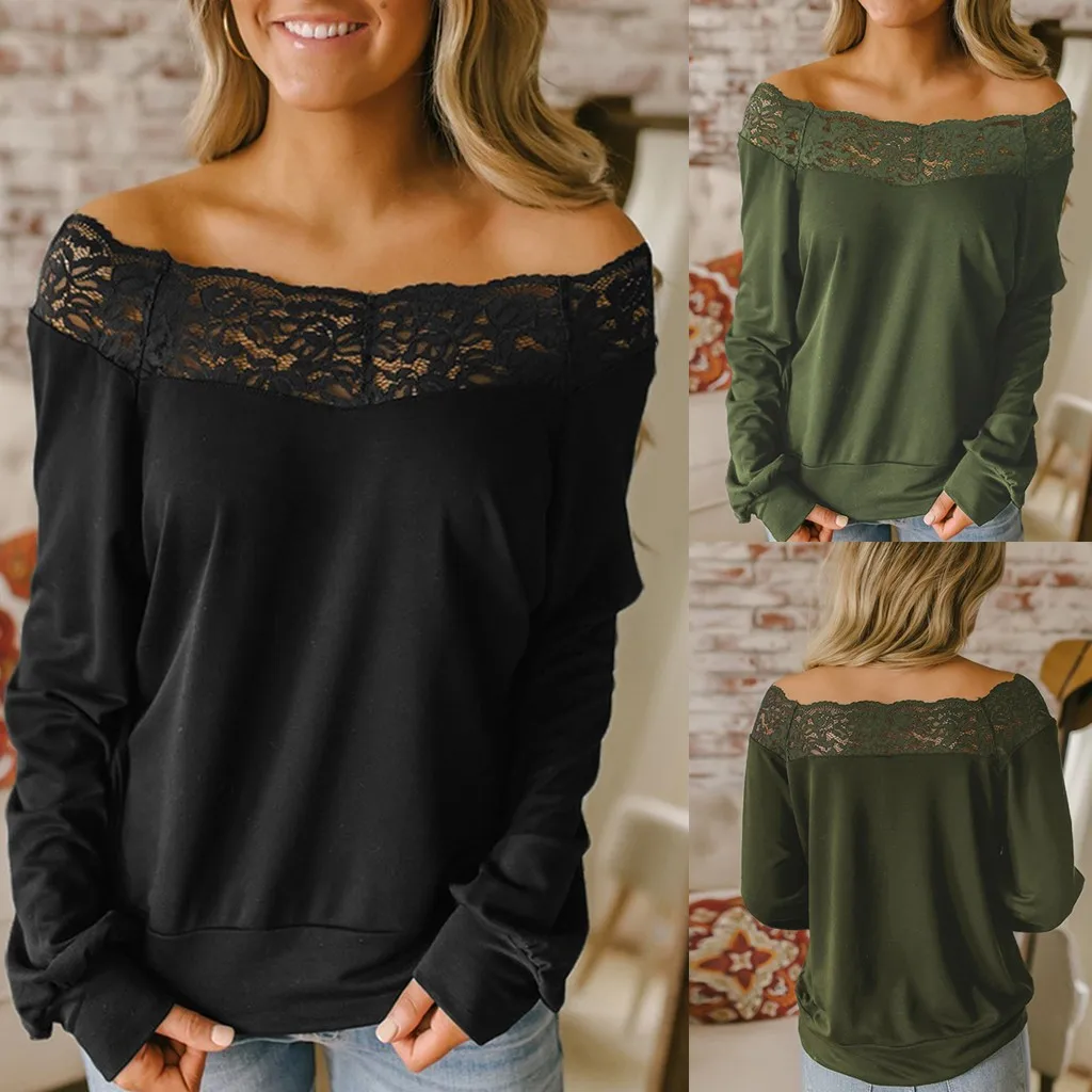 

Women's Casual Long Sleeve Off Shoulder Lace Solid Color Tops Clothes