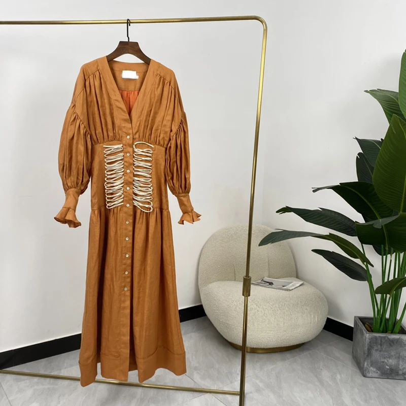 

Criss-Cross Front Long Lantern Sleeve Ladies Vintage Brown Linen Dresses 2022 Summer New High Quality Women Clothes