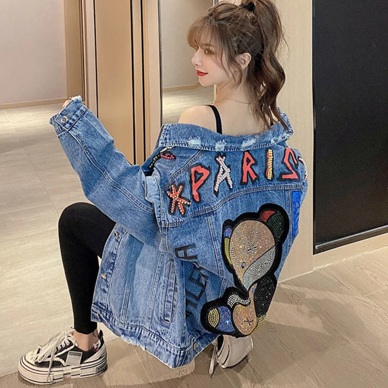 

European Station Spring Women Denim Jacket New Fashion Loose Mesh Red Hot Diamond Heavy Industry Bear Denim Large Female Coat