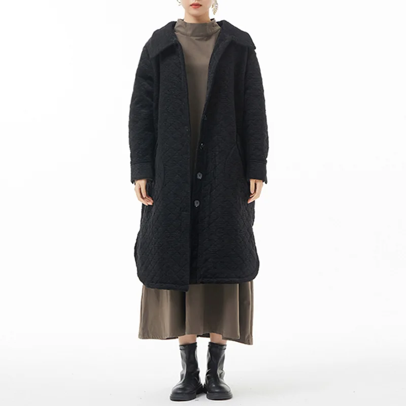 

Winter Diamond Checkered Cotton Padded Jacket for Women Loose Lapel Single Breasted Cardigan Coat Streetwear Long Parka 85266