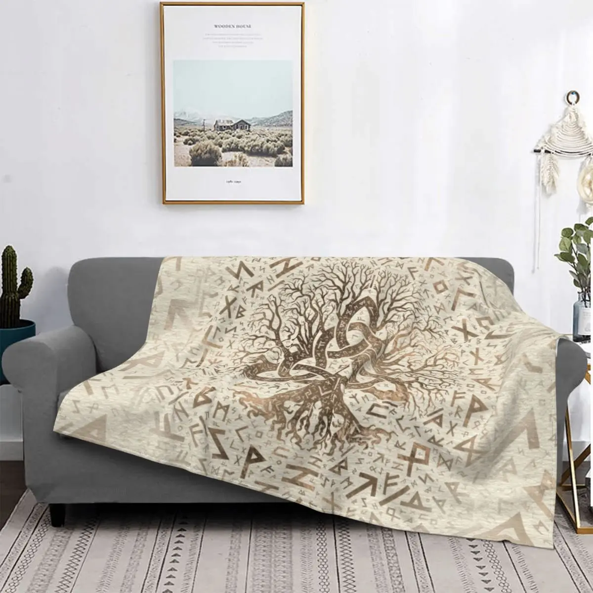 

Tree Of Life With Triquetra And Futhark Pastel Gold Blanket Soft Flannel Viking Norse Yggdrasil Throw Blankets for Sofa Quilt