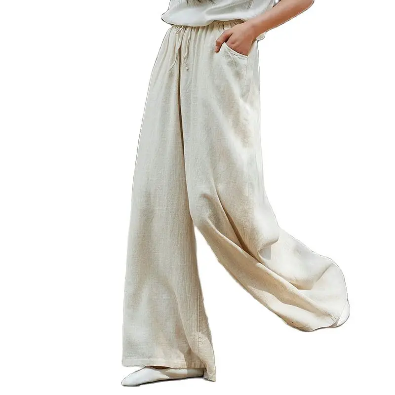 Women's Cotton Linen Thin Breathable Retro Long Straight Solid Loose Long Chinese Style Trousers