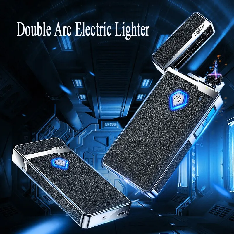 

Plasma USB Rechargeable Electric Double Arc Lighter Pulse Flameless Windproof LED Screen Digital Power Display Metal Lighters