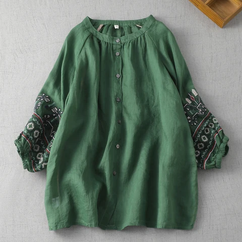 Женская винтажная блузка Limiguyue с вышивкой рами, свободные однобортные топы с круглым вырезом и рукавами-фонариками, повседневные тонкие мягкие рубашки, U478