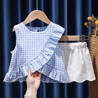 summer clothing suit for girl sweet casual baby girl clothes plaid sleeveless korean toddler outfit ruffles kids clothing girl