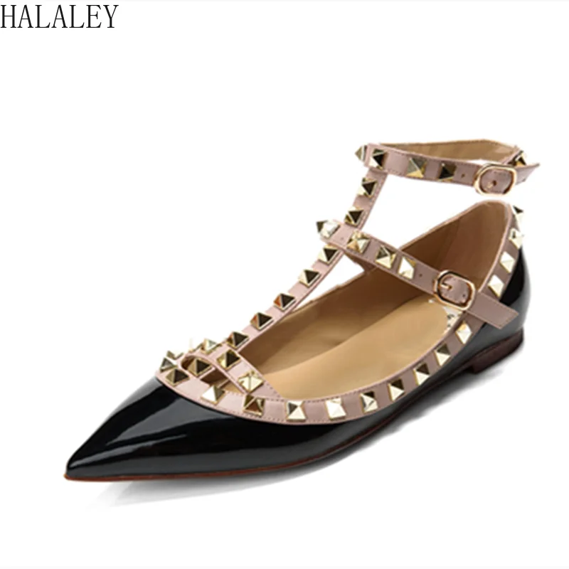 

HALALEY Women Rivets Flats Buckle T-Strap Pointy Toe Casual Sandals Cute Shoes Black Shiny Matte Leather Shoes Large size 34-44