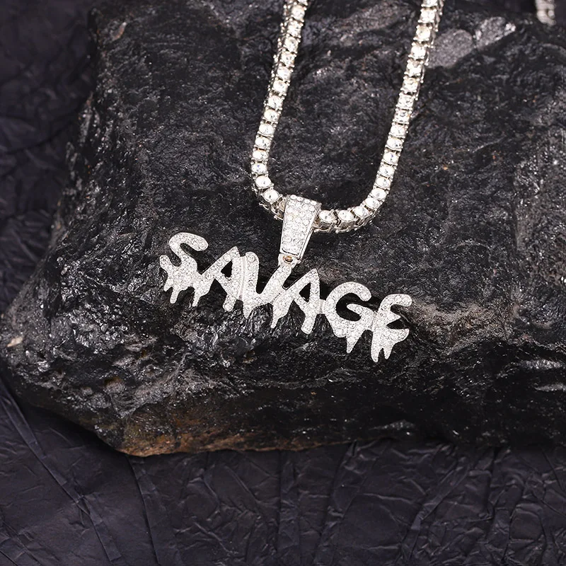 

Цепочка с подвеской в виде надписи «Savage» Мужская, выразительное ожерелье со сверкающими звеньями, теннисная цепь-чокер в стиле хип-хоп, Ювелирное Украшение