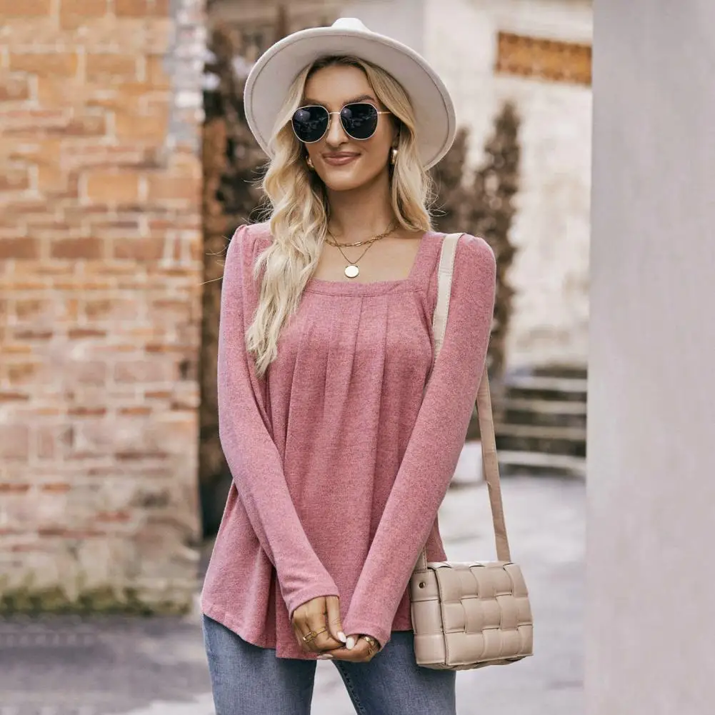 

Loose Cut Women Top Flowy Square Neck Women's Fall T-shirt Pleated Loose Hem Soft Long Sleeve Pullover Breathable for Ladies