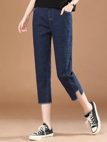 HCXR Women Luxury Jean 2023 Summer High Waist Design Cropped Skinny Casual Jeans Straight Dark Blue Retro Denim Pants