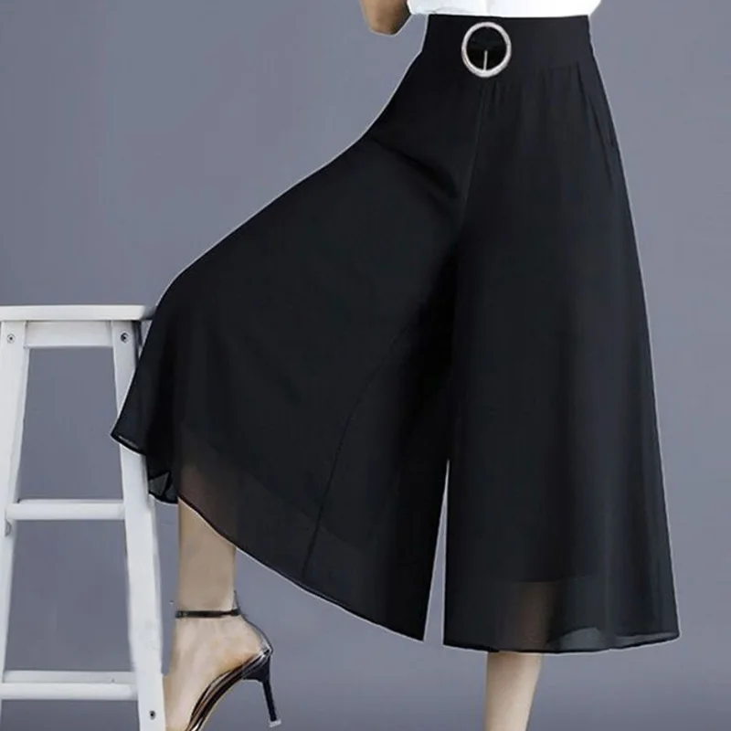 

Модные свободные эластичные однотонные шифоновые брюки со складками и высокой талией, женские повседневные Капри большого размера для офи...