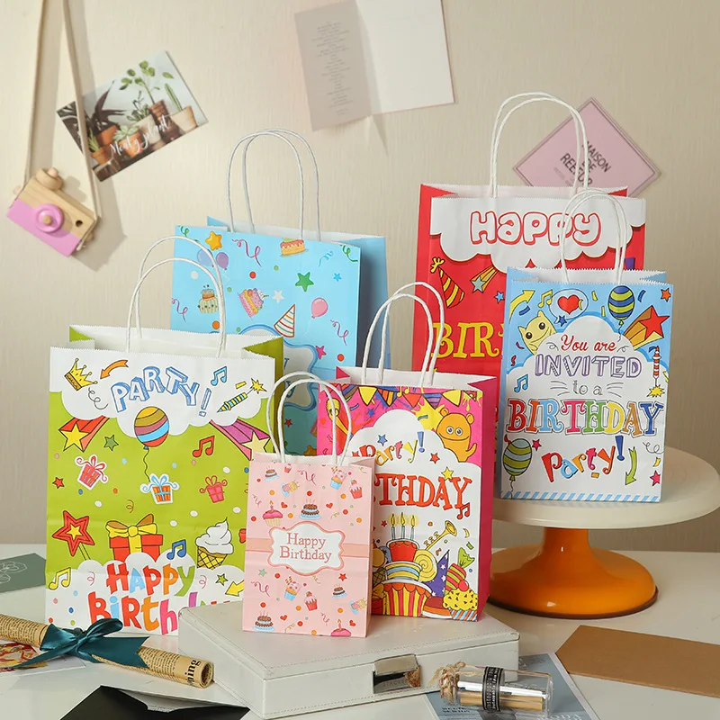 

12pcs Happy Birthday Gift For Guest Present Wrapping Bag Holiday Party Kraft Paper Packaging Bag