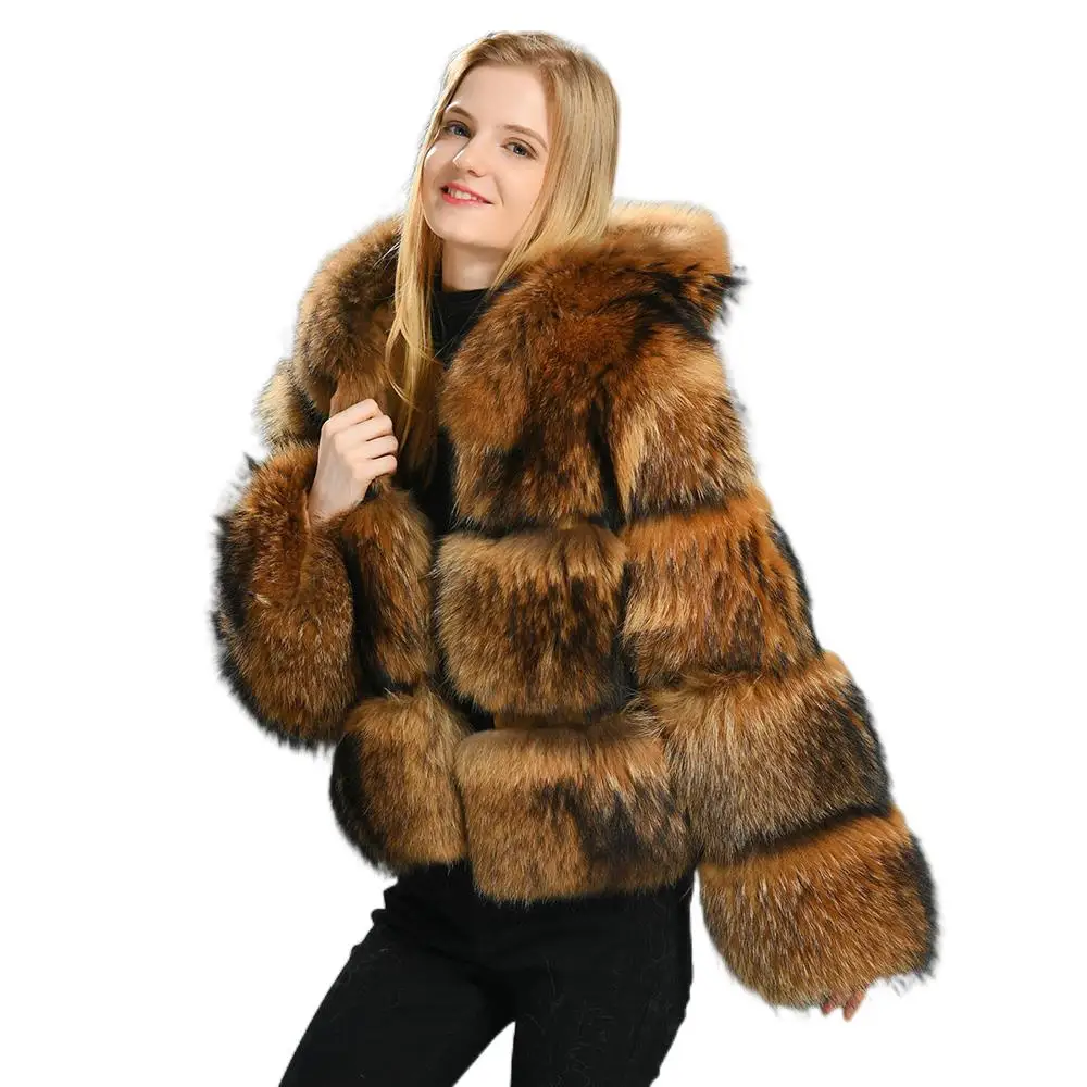 Natural Real Fox Fur Hooded Jacket For Women Fashion Slim Noble Short Outwear Winter Natural Raccoon Fur Thicken Warm Parka Coat
