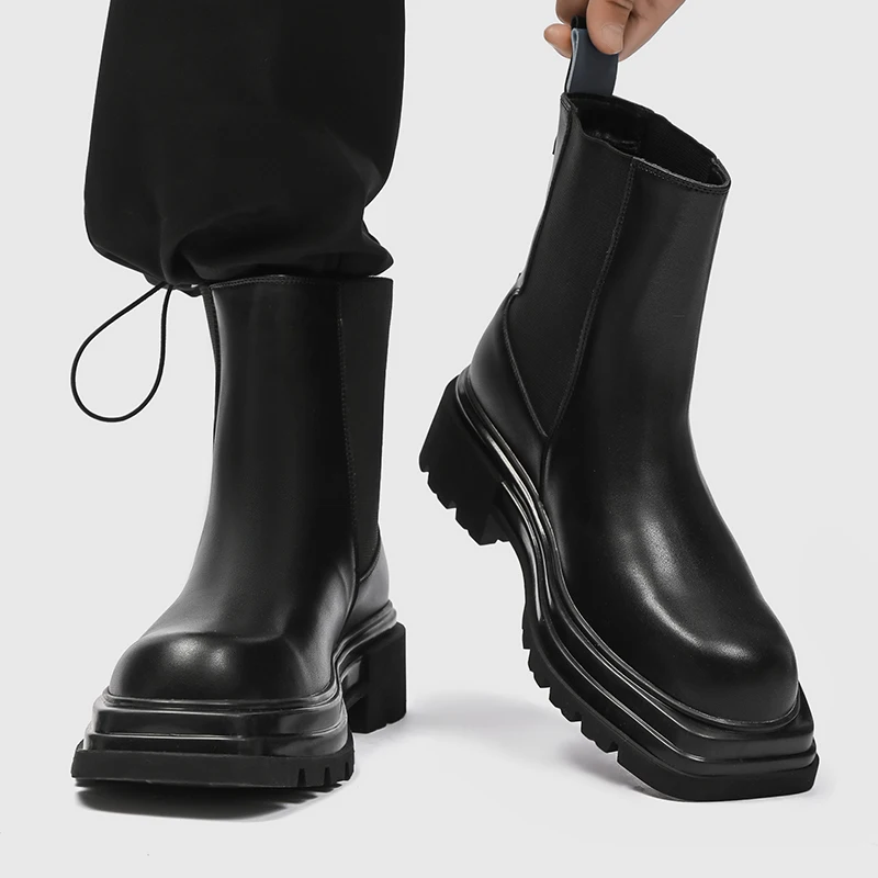 

British style men fashion chelsea boots high top genuine leather shoes brand designer square toe cowboy boot long botas zapatos