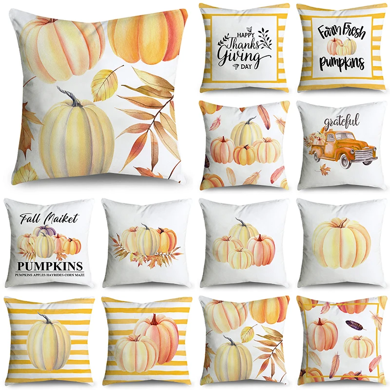 

Thanksgiving Day Orange Stripes Pumpkin Polyester Throw Pillowcase Cushion Covers For Sofa Office Bedroom Decor Multiple Size