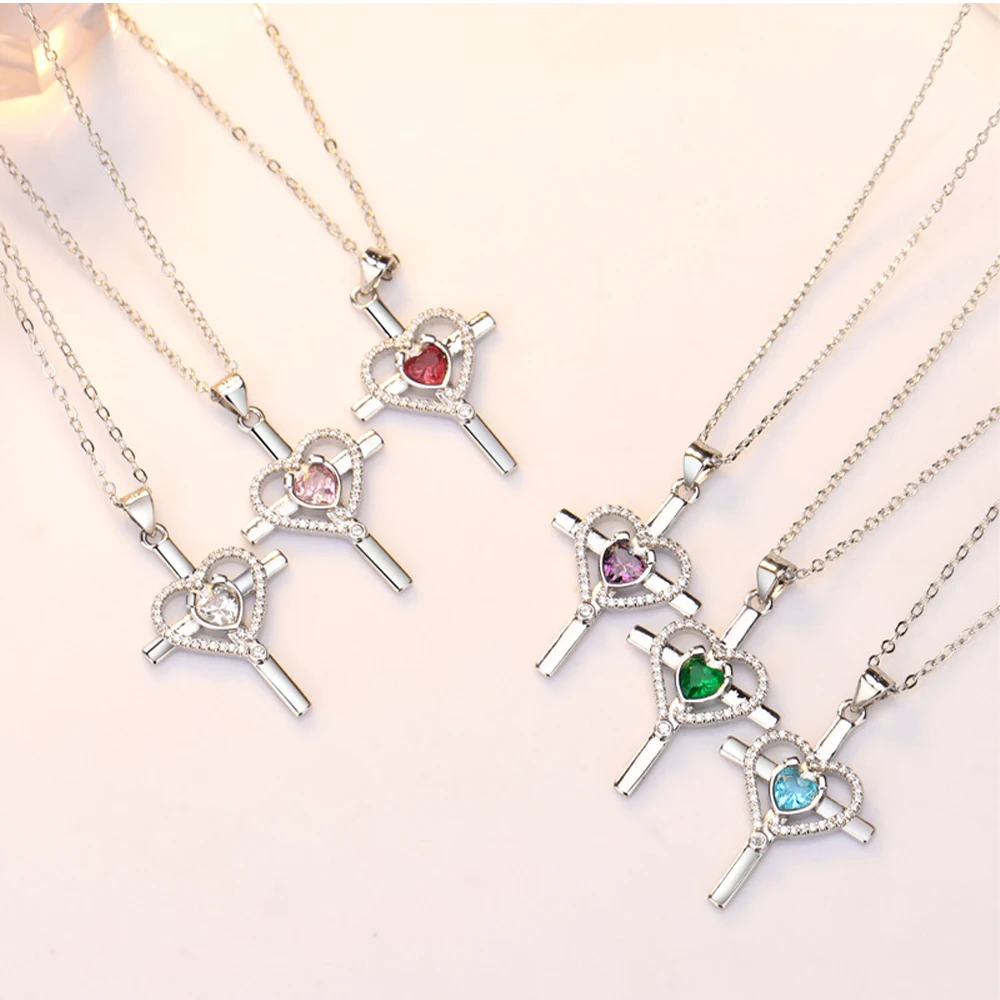 

Fashion Personality Heart-shaped Cross Diamond Pendant Ladies Necklace Snake Bone Chain Full Rhinestone Clavicle Chain Jewelry