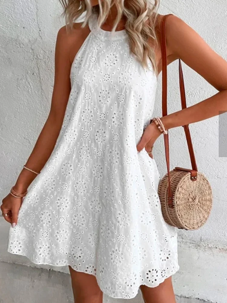 

Floral Embroidery Women Dress Summer Sleeveless Hollow Out O Neck Halter Dresses Elegant Casual Solid Color Beach Holiday Dress