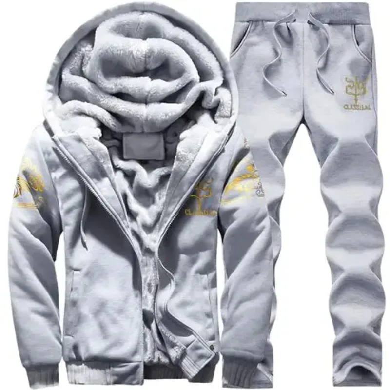 

Men Casual Tracksuit Winter Two Piece Sets All Polyester Inner Thicken Thick Hooded 2PC Jacket+Pants Sporting Sets Male