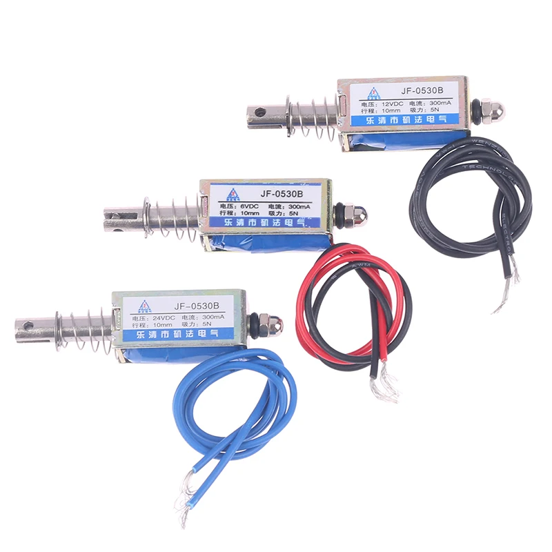 

JF-0530B DC 6V 12V 24V 300mA Push&Pull Type Electromagnet Keeping Force 5N Travel 10mm Linear Solenoid Electric Solenoid