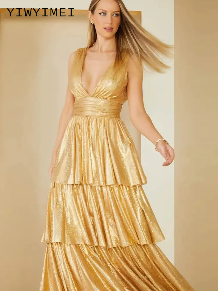 

Женское платье для выпускного вечера, золотистое ТРАПЕЦИЕВИДНОЕ ПЛАТЬЕ ИЗ ТЮЛЯ С V-образным вырезом, открытой спиной и без рукавов, Многояру...