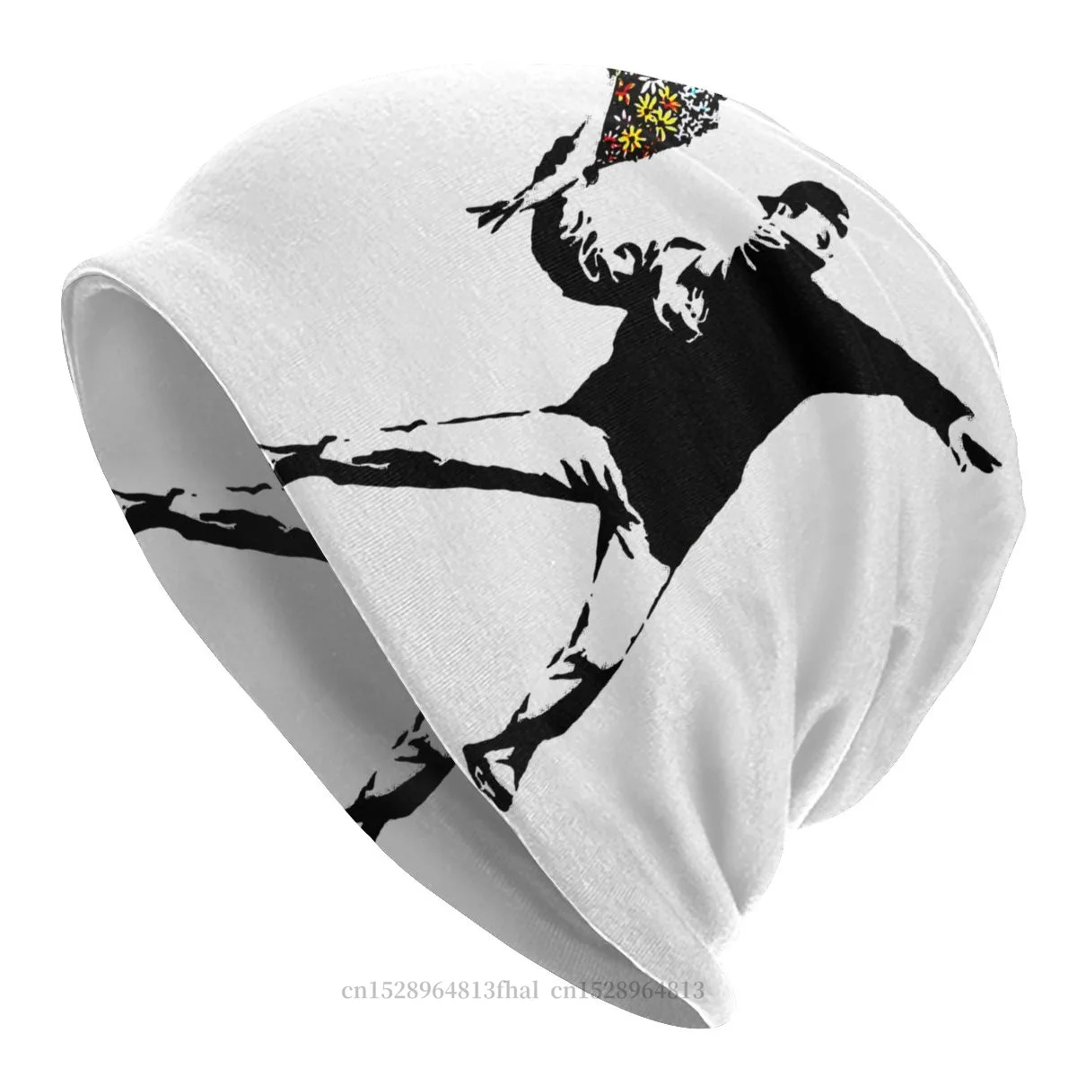

Banksy Street Artist Works Skullies Beanies Caps Throwing Flowers Thin Hat Autumn Spring Bonnet Hats Men Women's Street Ski Cap
