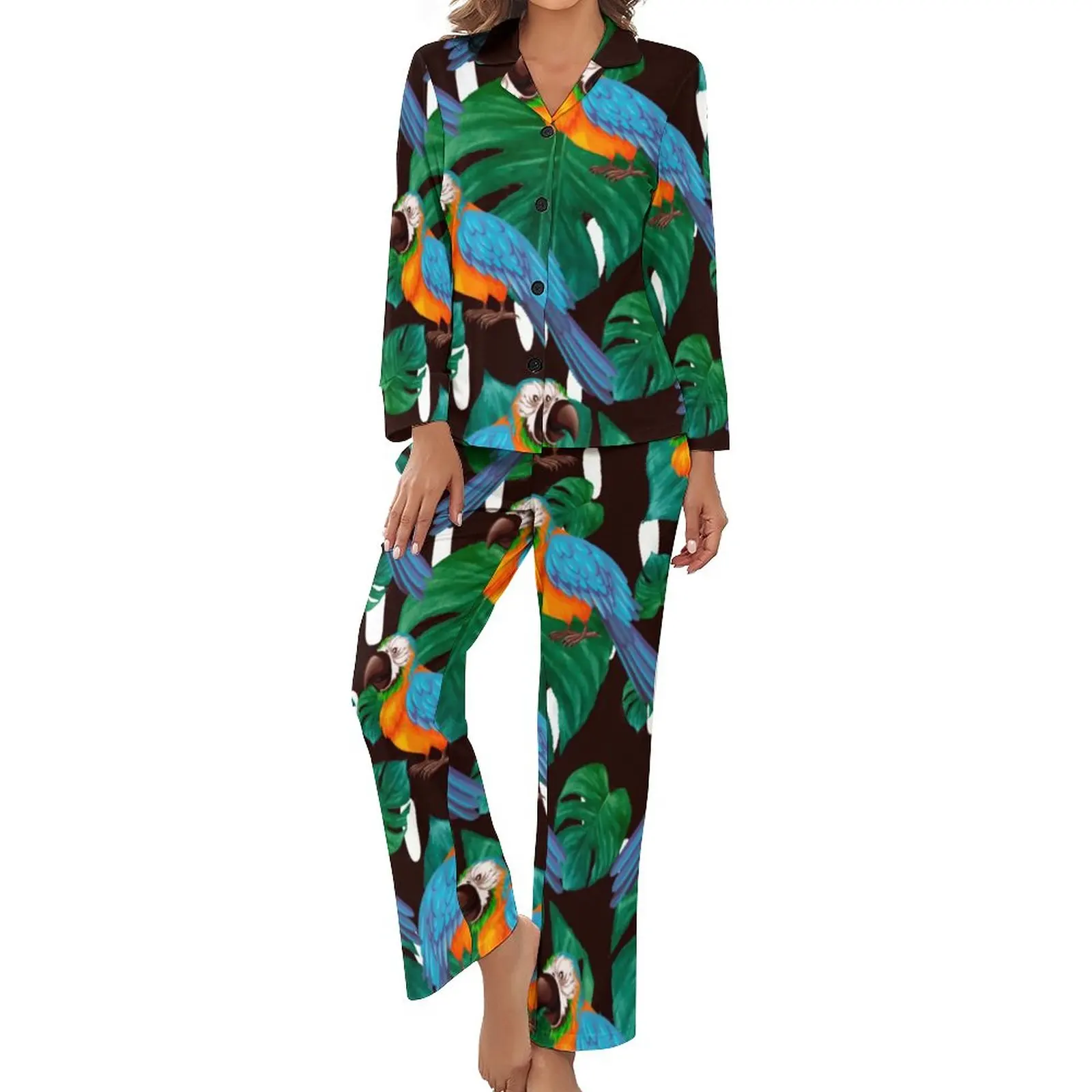 

Tropical Birds Pajamas Long Sleeves Palm Leaves Print 2 Piece Casual Pajamas Set Spring Female V Neck Kawaii Nightwear