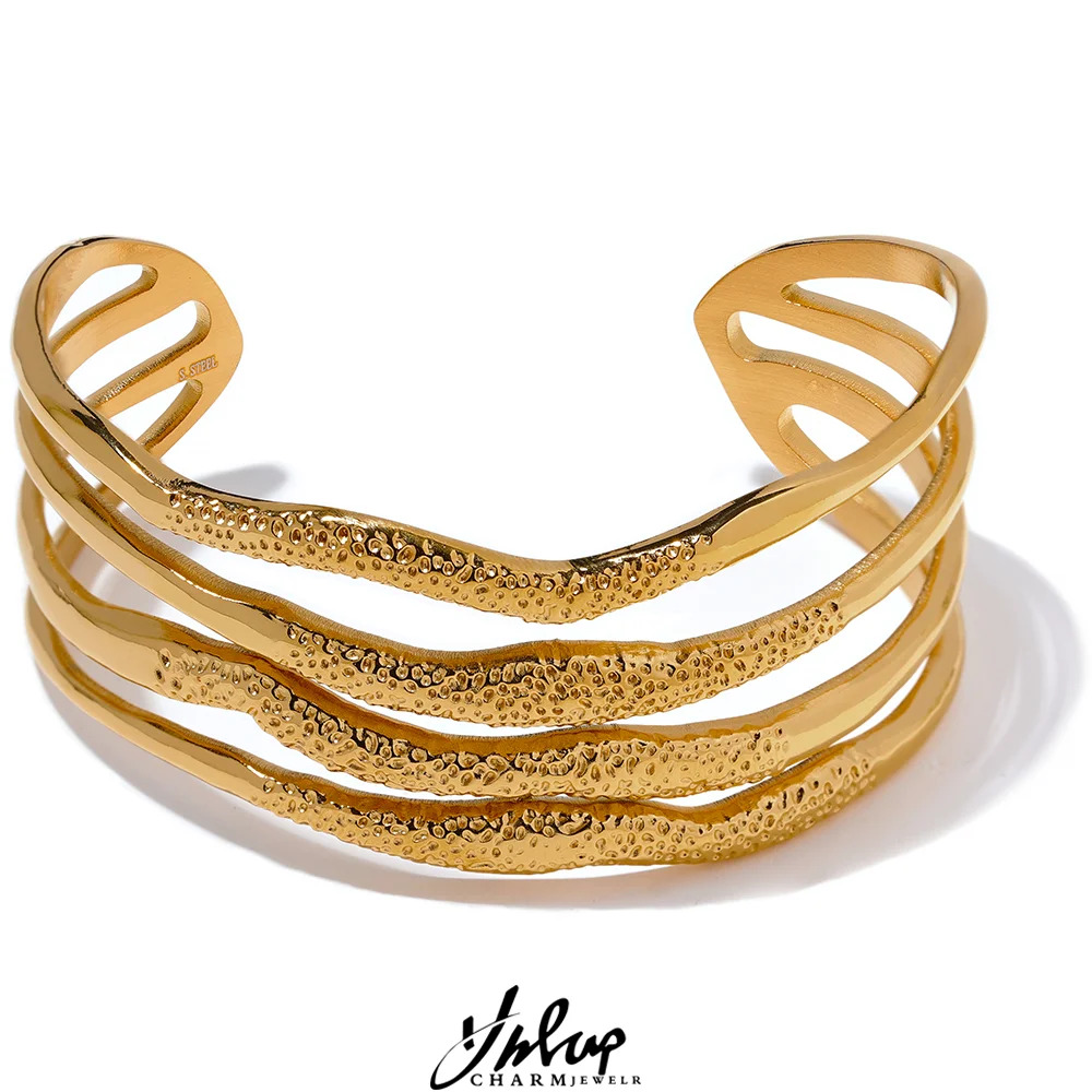 

Yhpup Statement Metal Layered Geometric Stainless Steel Pvd Gold Color Texture Bracelet Bangle Exclusive Personalized Jewelry