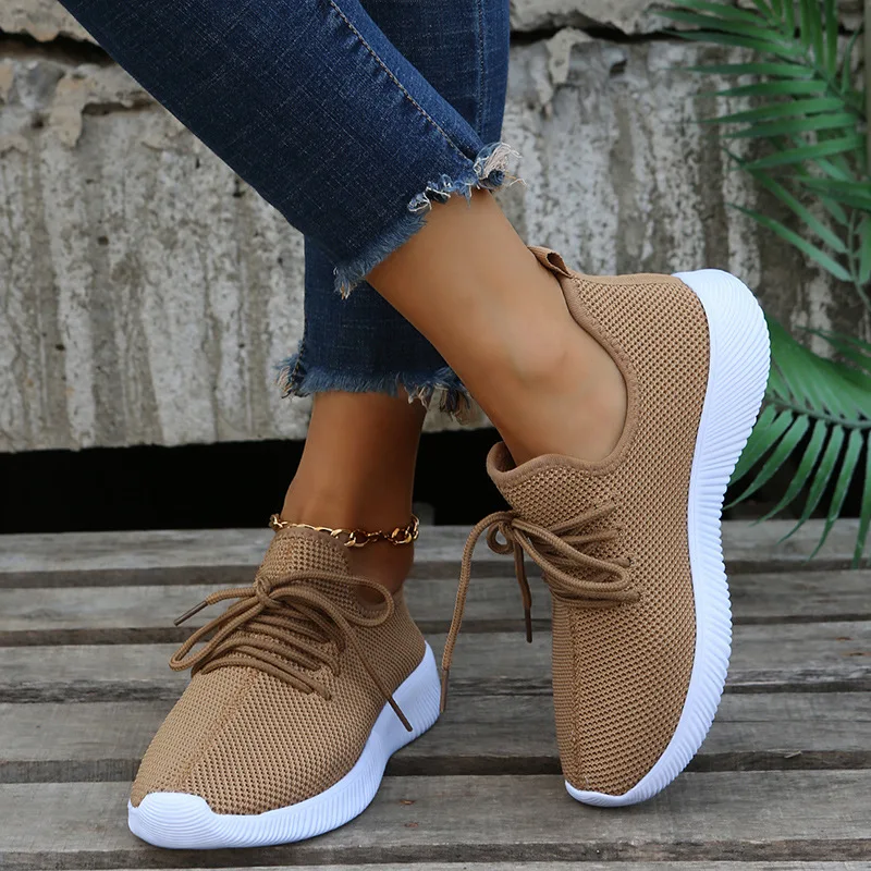 Round Toe Flat Vulcanizeds Shoes Women Breathable Mesh Lace-up Casual Shoes Outdoor Sports Shoes 2022 New Summer Women's Shoes