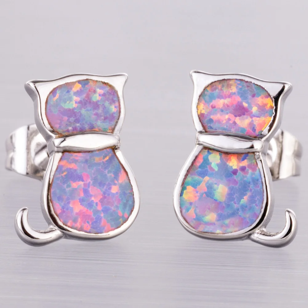 

KONGMOON Kitten Cat Lavender Purple Fire Opal Silver Plated Jewelry for Women Piercing Stud Earrings