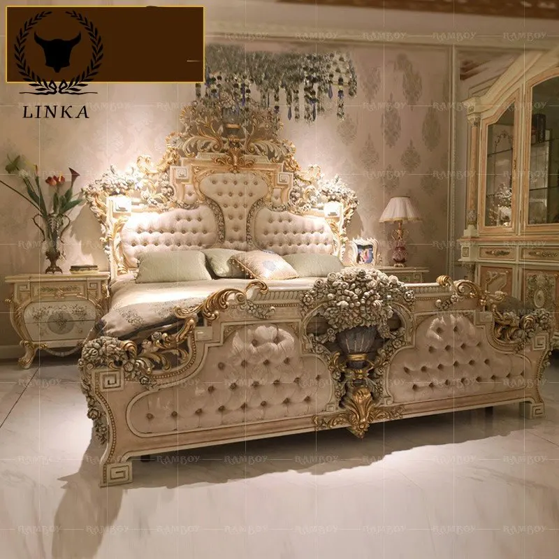 

Тканевая кровать с французской росписью, роскошная Дворцовая двухспальная кровать из массива дерева, европейская кровать принцессы, свадебная кровать