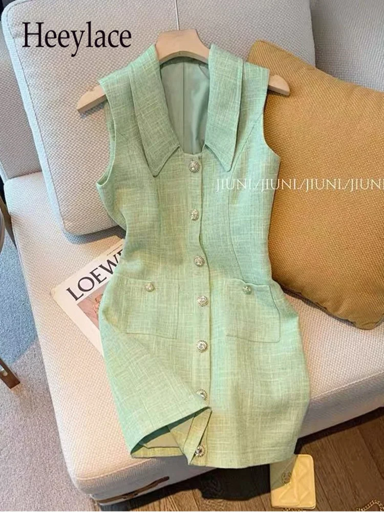 

Office Ladies Elegant Green Dresses For Women Summer Polo Collar Sleeveless Single Breasted Dresses French Vintage Slim Vestidos