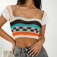 2022 summer women casual knit vest easy matching hottie sexy square neck contrast color stripe slim fit crop top streetwear tank