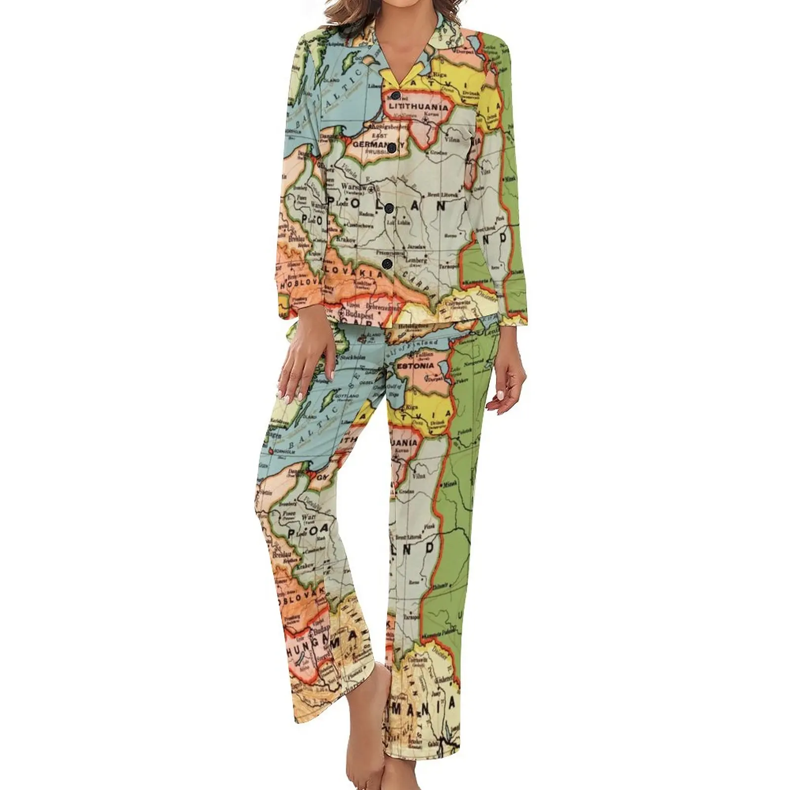 

Vintage Map of Europe Pajamas European Map Long Sleeve Lovely Pajama Sets 2 Piece Leisure Autumn Graphic Nightwear Gift Idea