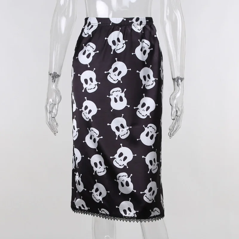 

Dark Skulls Printed Elastic Skirts Women Young Black Girls Sexy Lace Long Skirt Halloween Party Casual Skirts SXHBSQ852