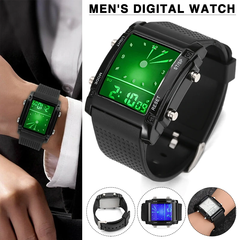 

1pc Men's Digital Alarm Date Watches 5ATM Waterproof Zinc Alloy Sport Watch 7-color LED Backlight Multi-function Week/Calendar