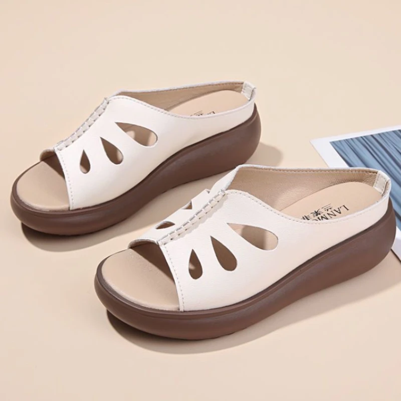

Women Wedges Slippers 2023 Summer New Vintage Soft Leather Women Platform Slippers Comfortable Beach Shoes Woman Casual Slides