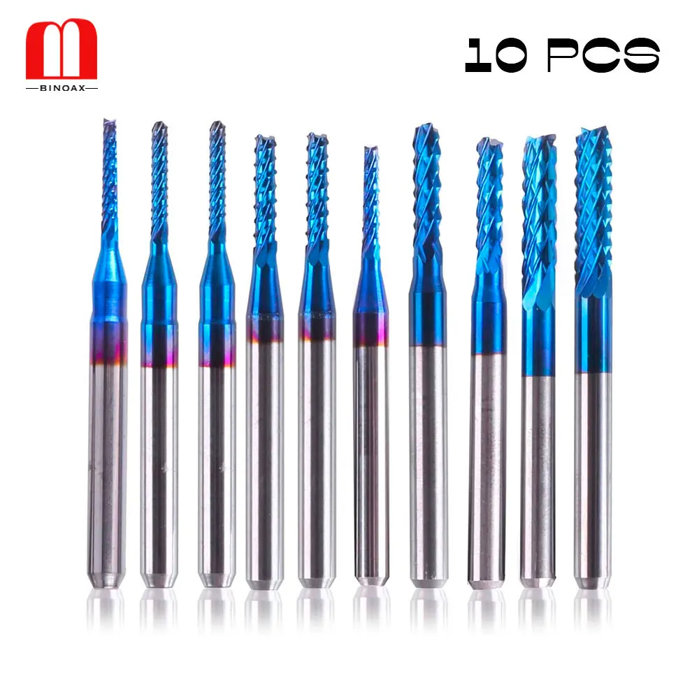 

BINOAX 10Pcs Nano Blue Coat End Mill CNC Router Bits 1.5-3.175mm 1/8" Shank