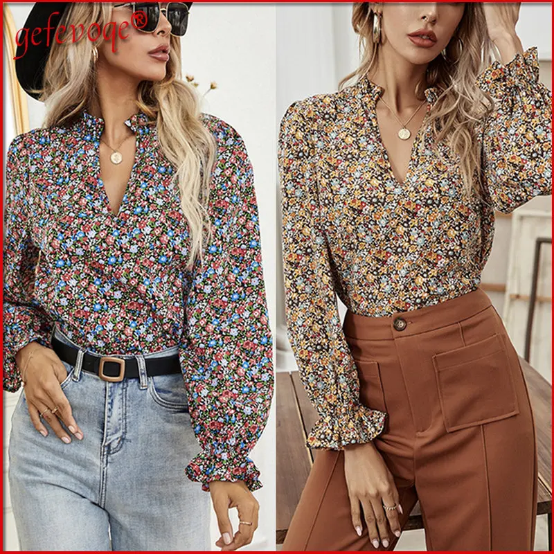 

2022 Spring Autumn Vintage Floral Print V-neck Top Female Elegant Casual Ruffled Long Sleeve Office Women Shirts Chiffon Blouses