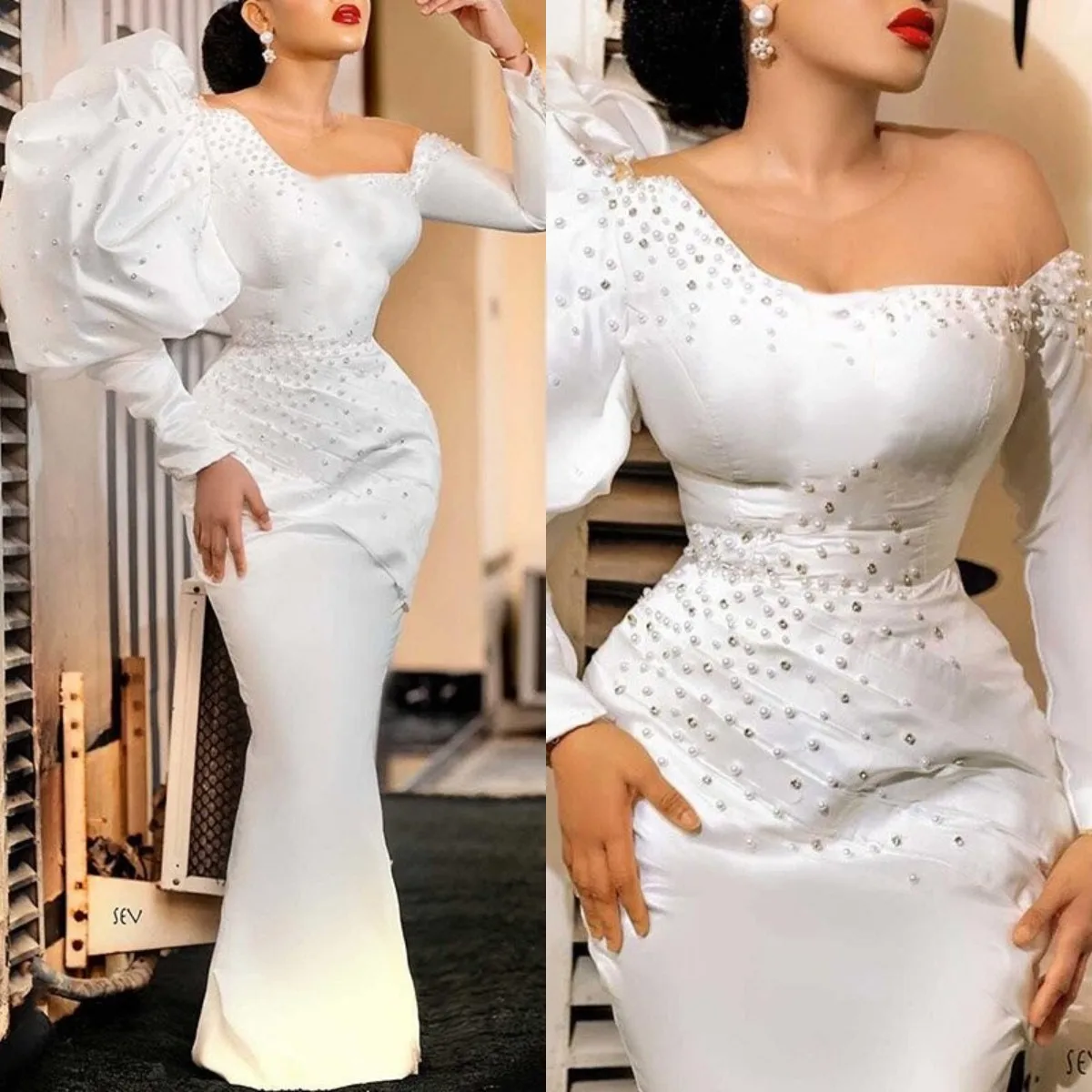 

Elegant Evening Dresses with Sleeves Satin robe soirée femme Beading Mermaid Prom Gowns Party Celebrity Dress Robes