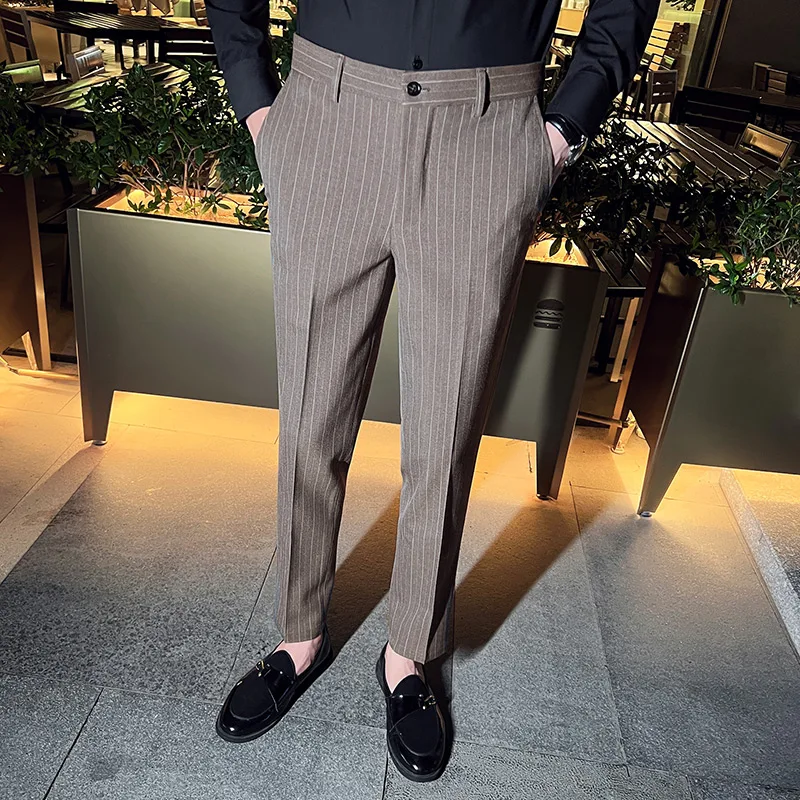 

High-quality Fashion Striped Business Office Dress Pants Spring Fall Men Exquisite Korean Version Slim Casual Small Legs Pants