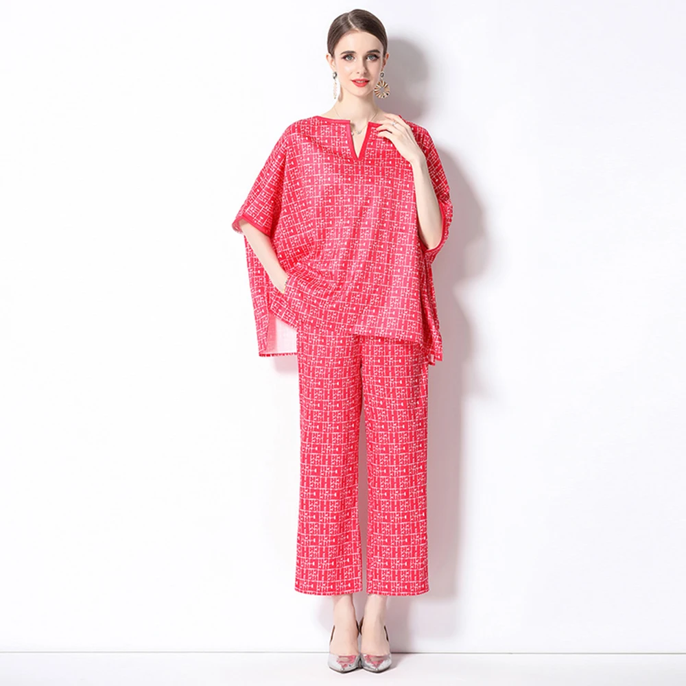 

Runway Fashion Women 2 Piece Suit 2023 Summer Vintage Print Loose Shirt Tops + Wide Leg Pants Cropped Trousers Set N3943