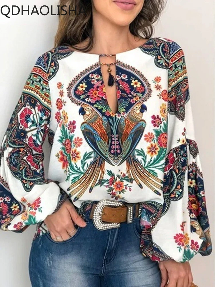 

New Spring Summer In Shirts for Women Digital Printing Lantern Sleeve Shirt Korean Fashion Round Neck Long Sleeve Top T Shirts