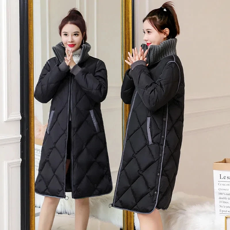 Winter Knit Stand Collar Long Parkas Women Korean Fashion 4xl Oversize Snow Overcoat Zip Up Vintage Design Warm Cotton Jackets